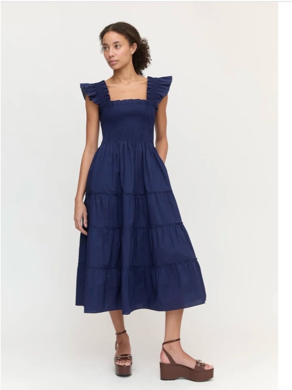 Hill House Home Ellie -Smocked Ruffle Strap Midi Dress in Navy